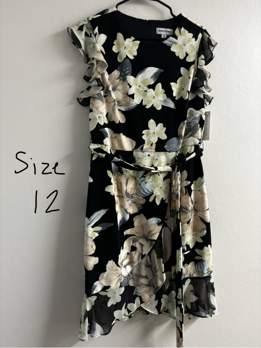 NWT Floral Ruffle Belted Dress - Black with Cream & Pale Yellow Flowers